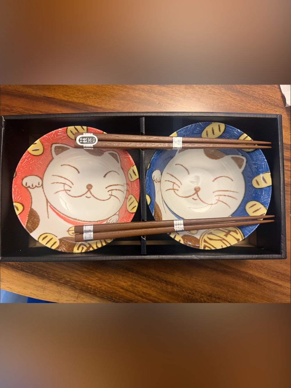Cute Cat Ceramic Bowl and Chopstick Set - Red & Blue
